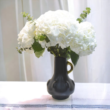 Sunny White Ceramic Arrangement, Classic Vase, 5 White Flowers, Eucalyptus Accent